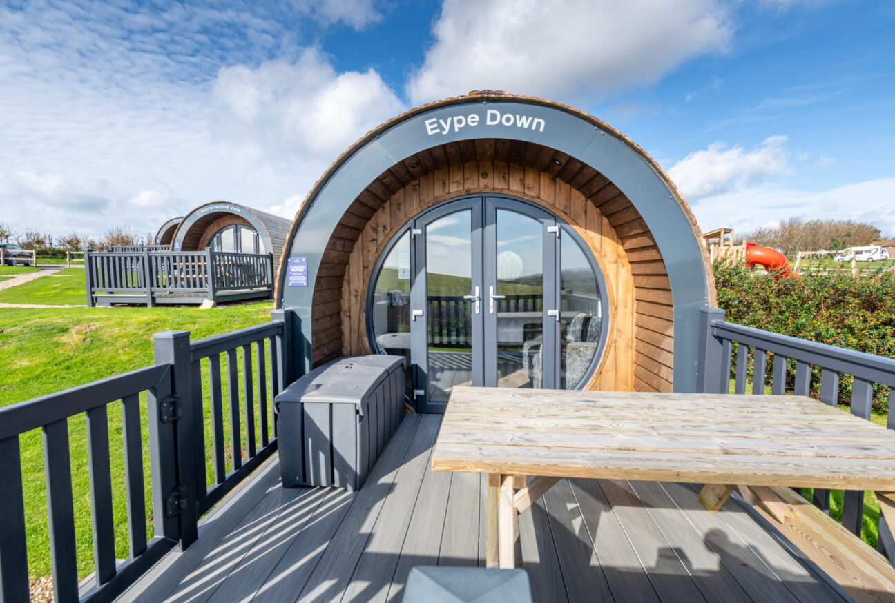 eype down premier camping pod decking and table glamping in dorset