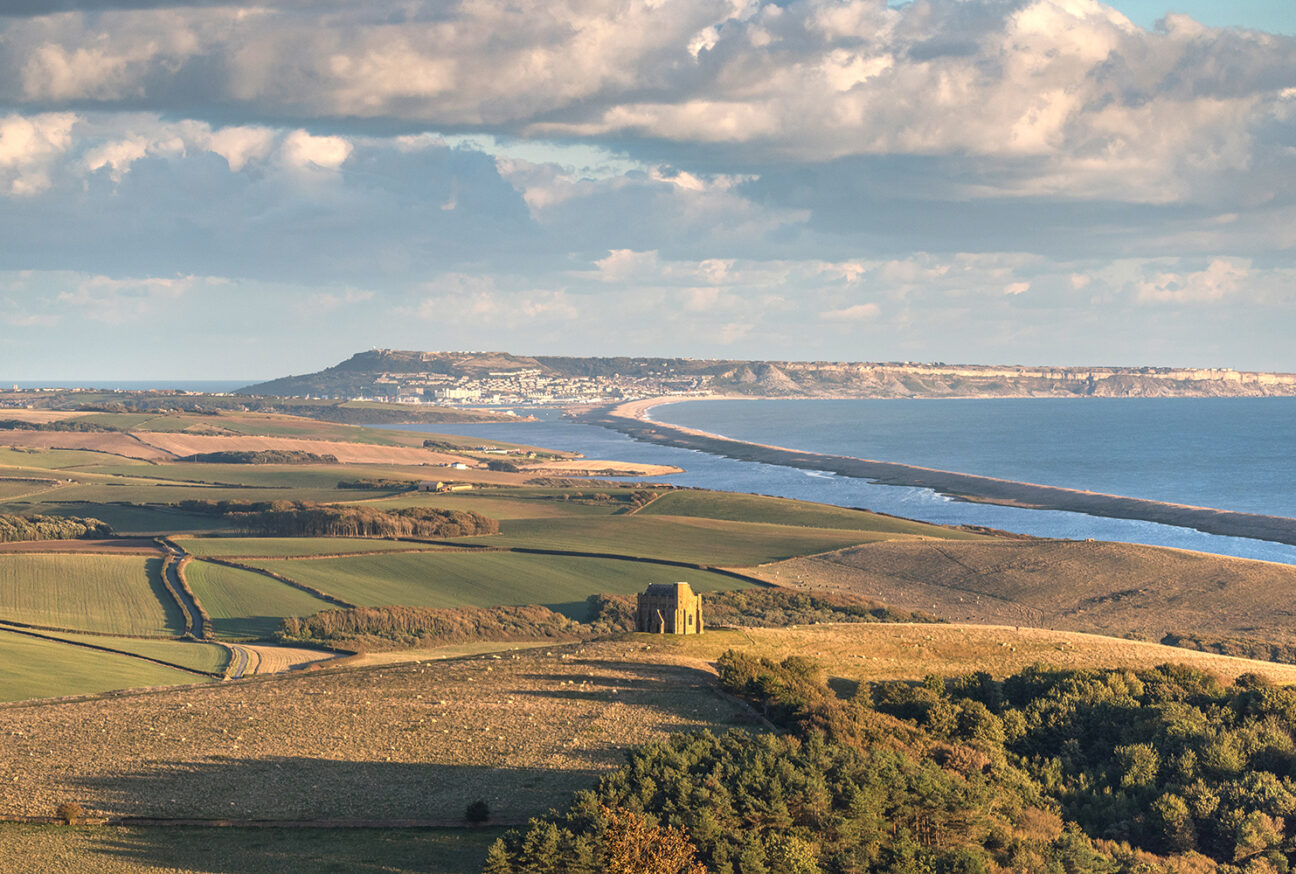 view over chesil beach, the fleet and st catherines chapel