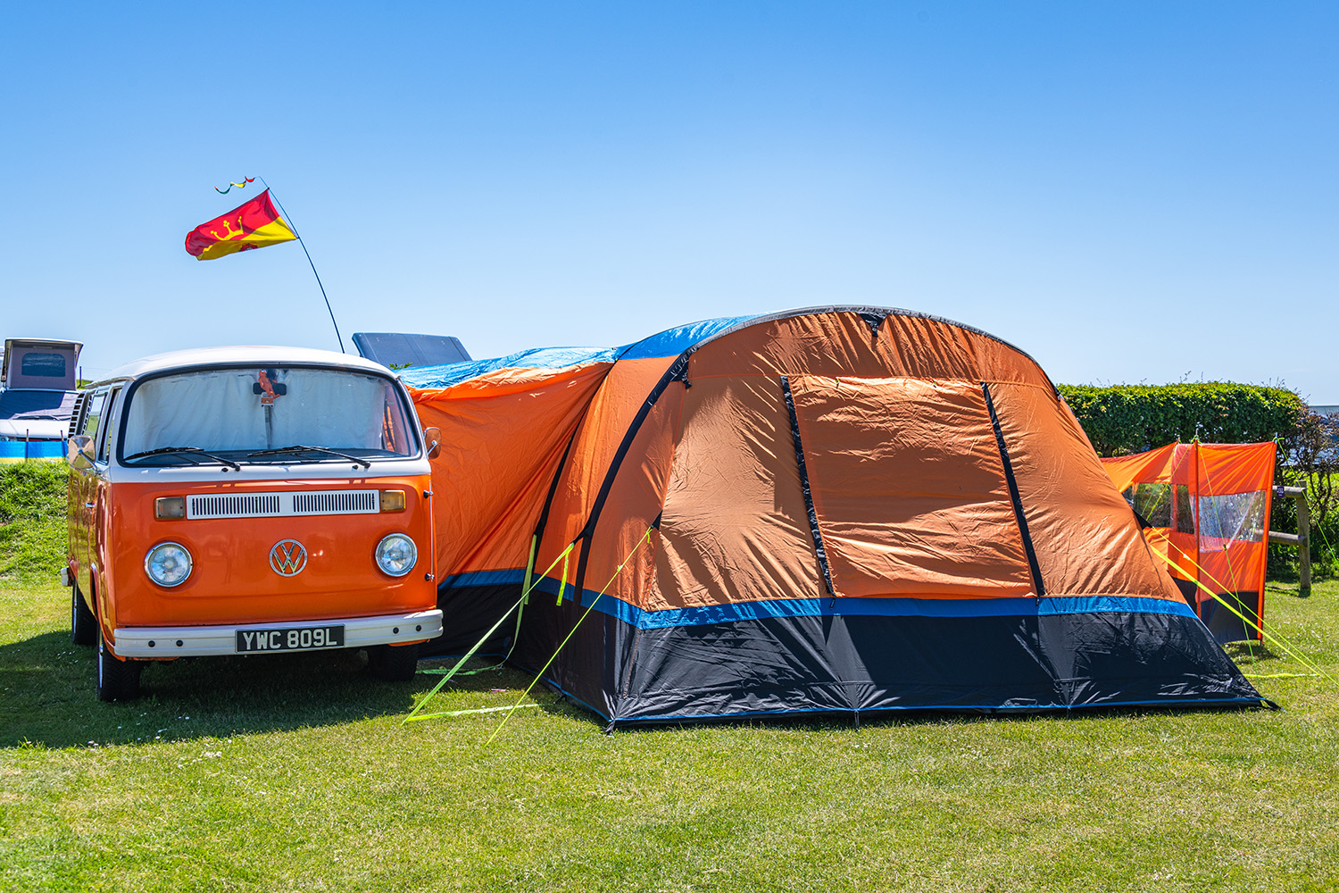 vw campervan with awning in dorset
