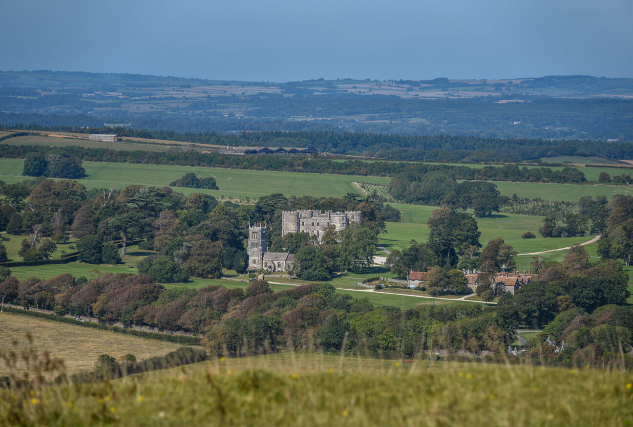 view of lulworth castle from flowers barrow