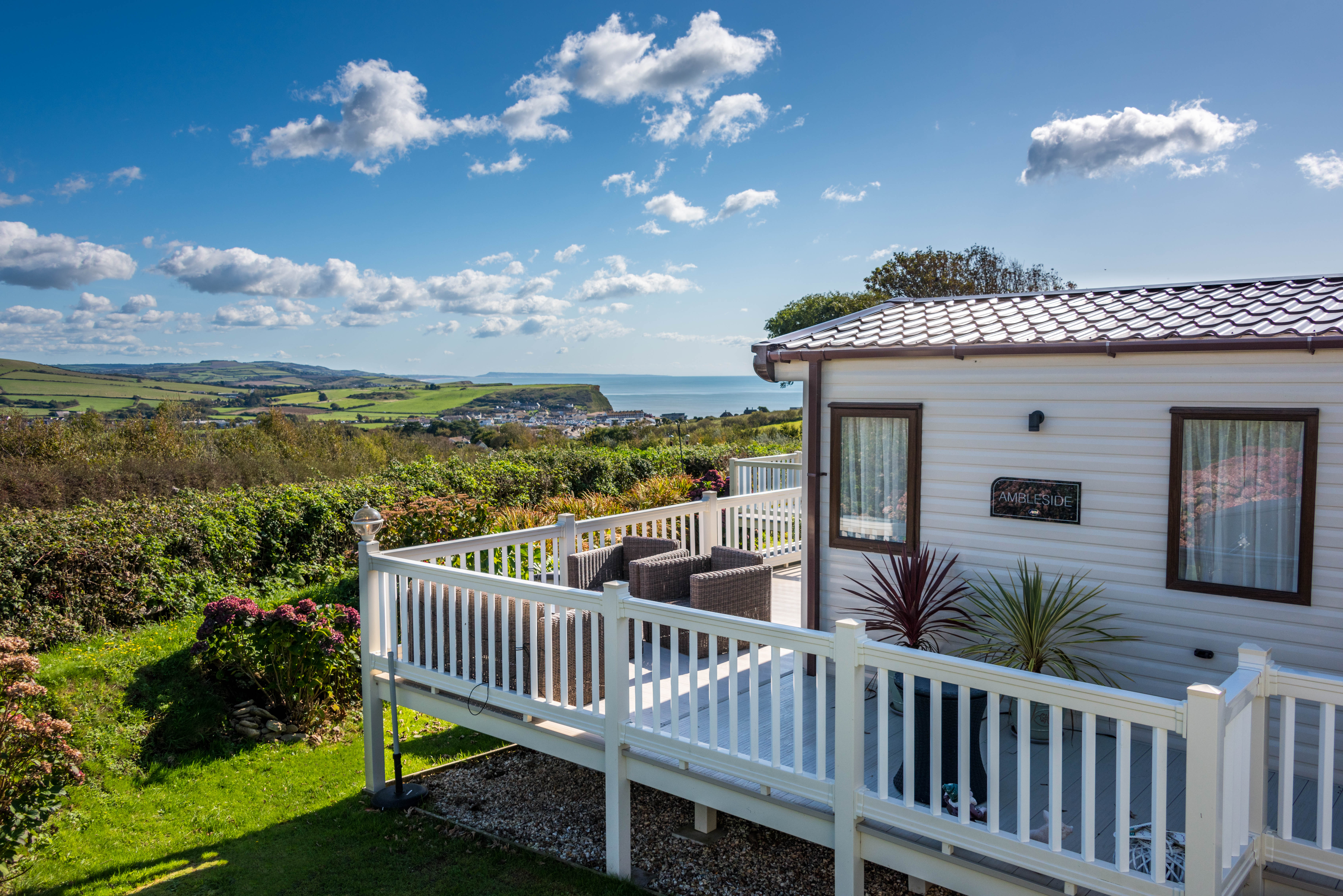 view towards West Bay from a caravan holiday home at Highlands End